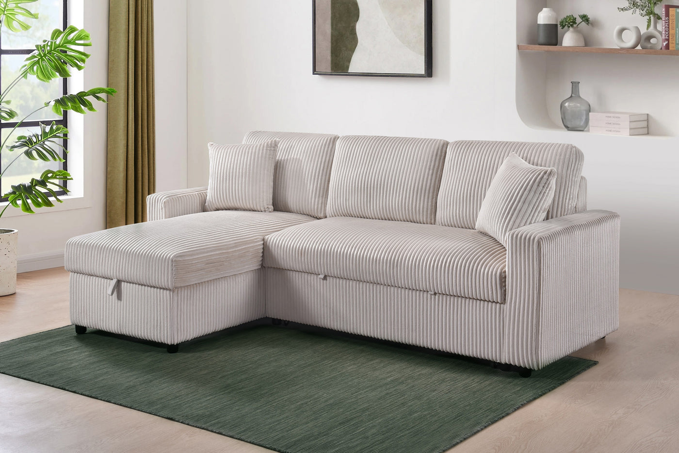Ellis 2-Piece Sectional with Pull-Out Sleeper, Reversible Storage Chaise, and 2 Pillows, Beige Corduroy