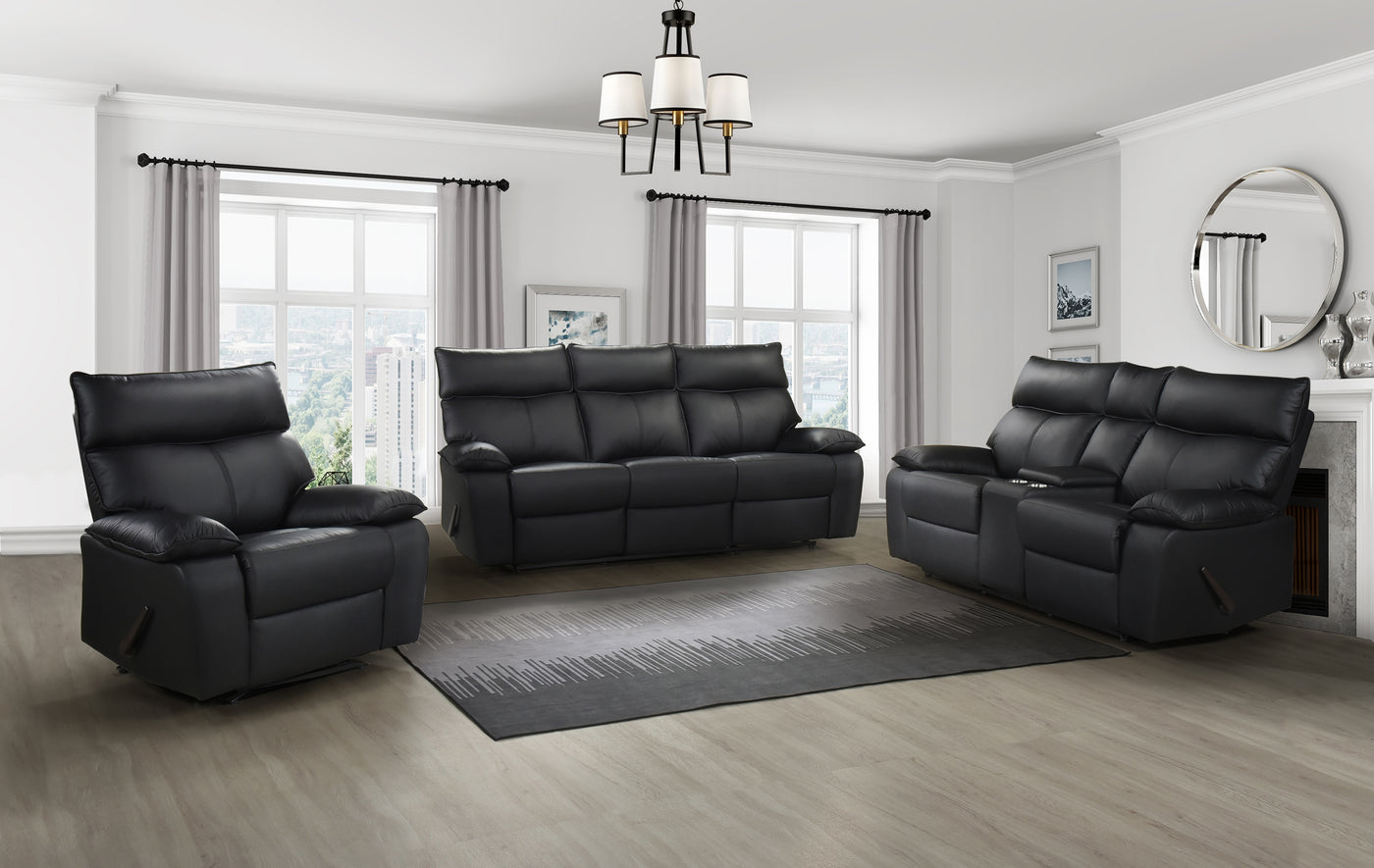 Haven Double Reclining Console Loveseat with Lever, Black Leather