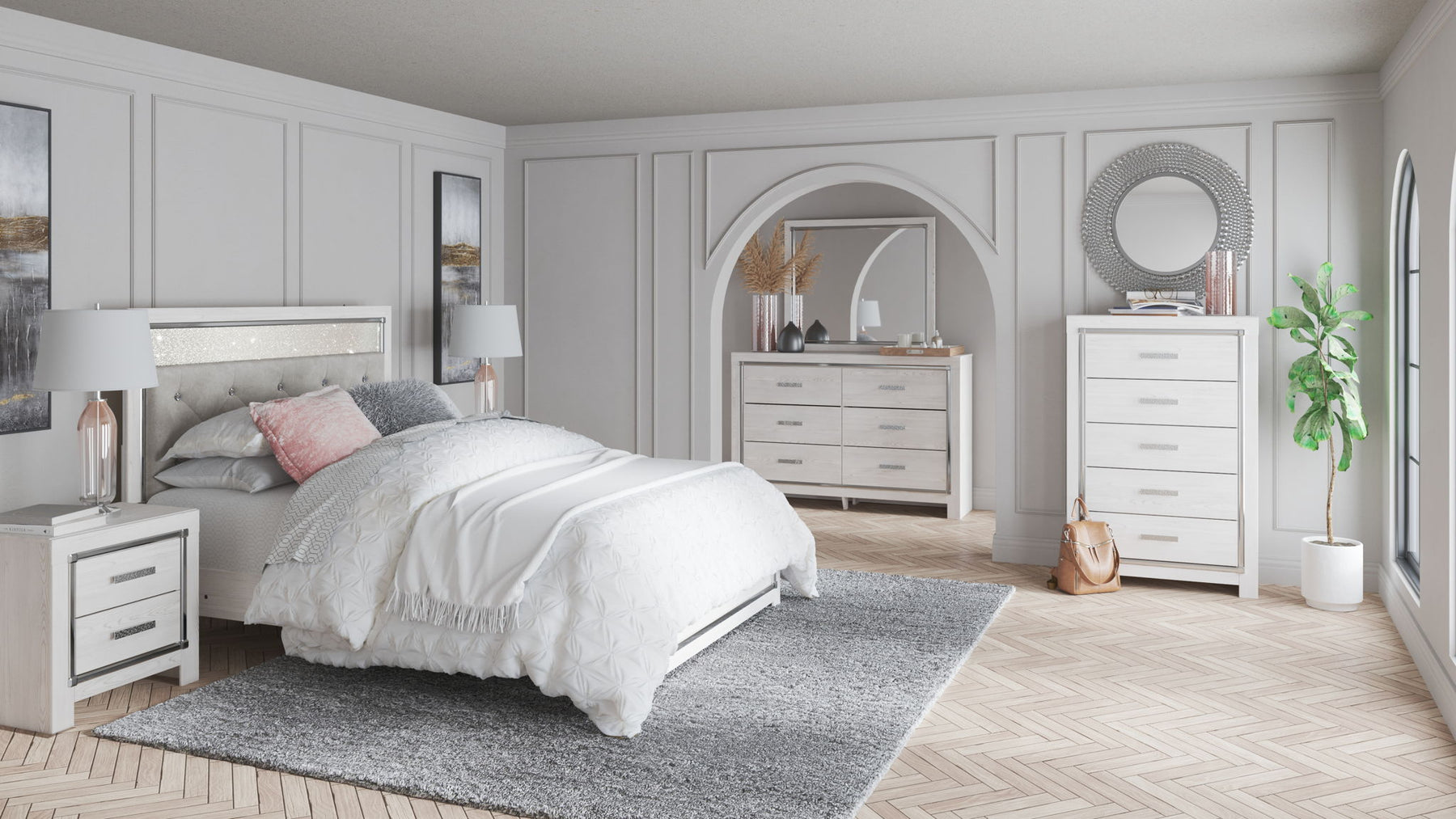 White / 6 Pc. Bed, Dresser, Mirror, Chest / Queen