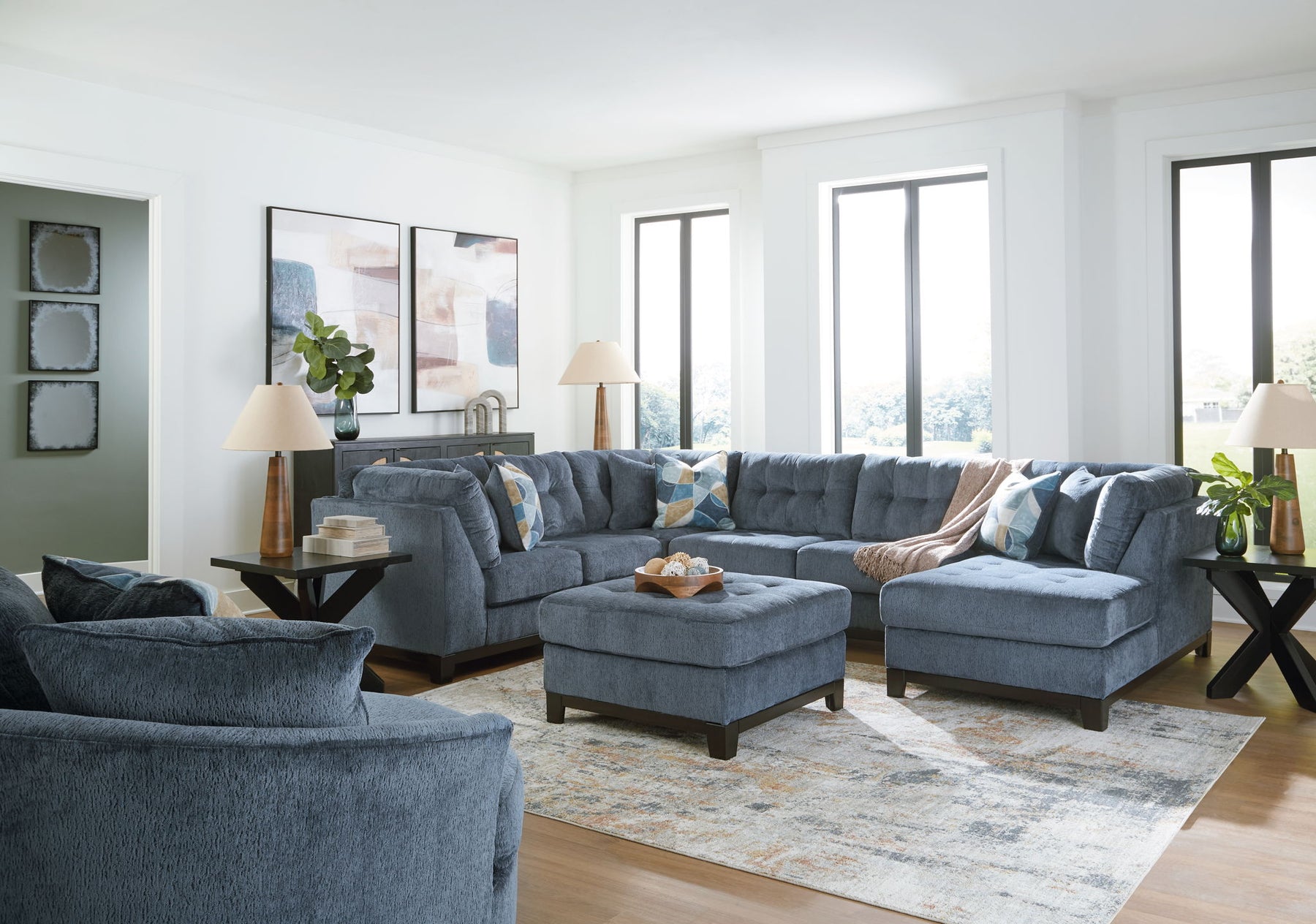 Blue / 5 Pc. RAF Corner Chaise Sectional, Chair, Ottoman
