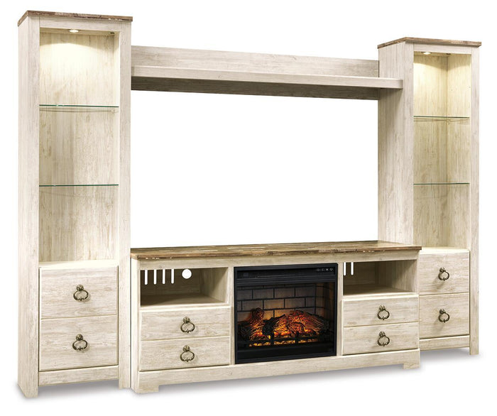Willowton - Entertainment Center - TV Stand With Faux Firebrick Fireplace Insert - Whitewash image 1