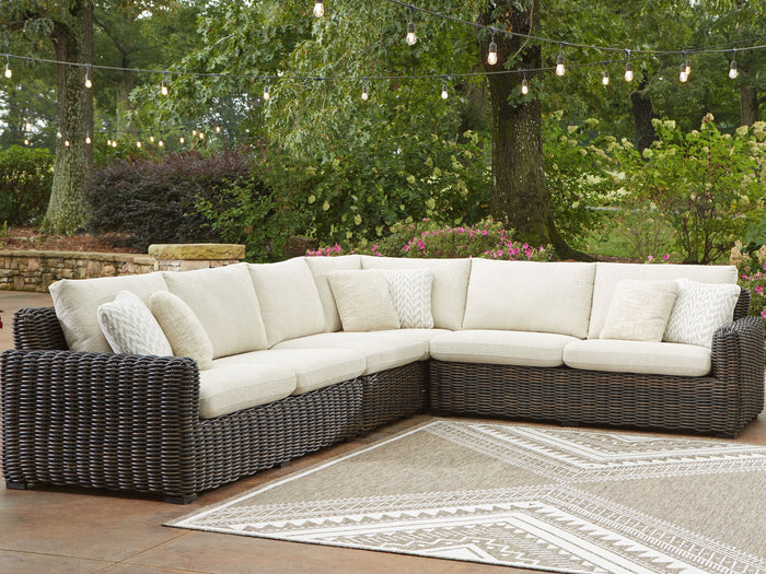 Kimora - 7 Pc. - 4-Piece Outdoor Sectional, Swivel Glider Lounge, Cocktail Table, End Table - Beige / Dark Brown image 2