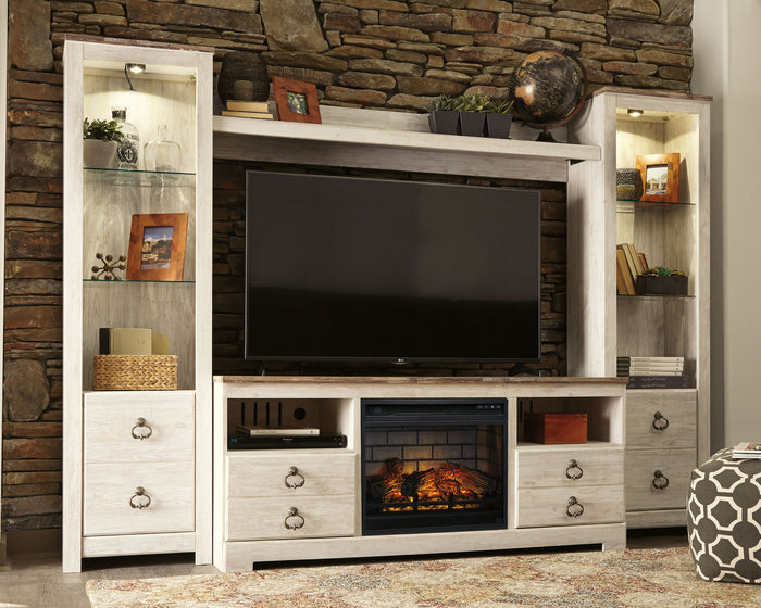 Willowton - Entertainment Center - TV Stand With Faux Firebrick Fireplace Insert - Whitewash image 2