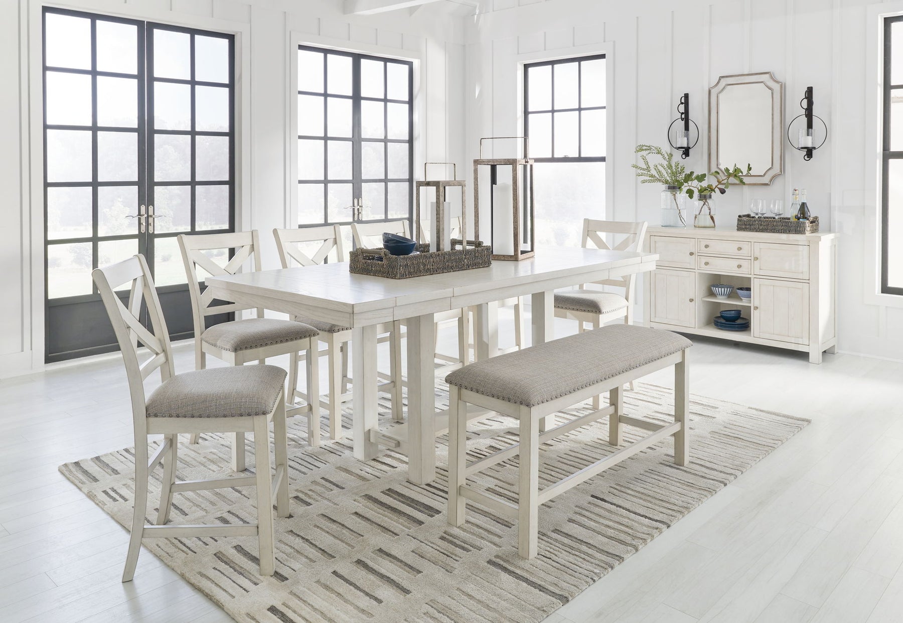 White / 9 Pc. Table, 6 Stools, Bench, Server