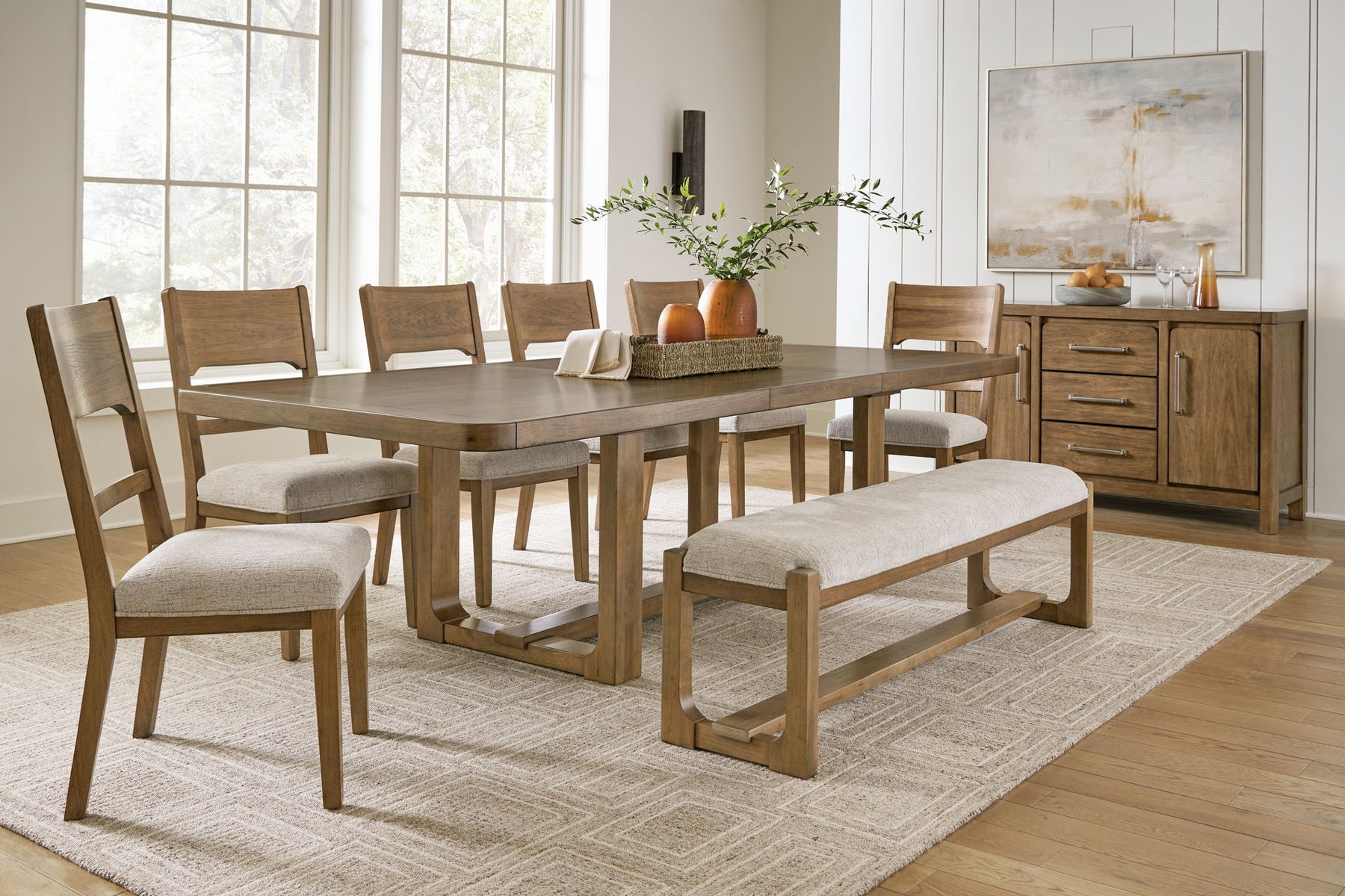 Light Brown / 9 Pc. Table, 6 Chairs, Bench, Server