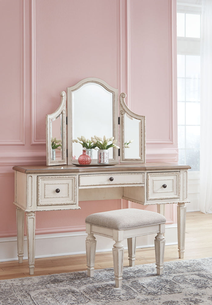 Realyn - Vanity/Mirror/Stool (Set of 3) - White / Brown / Beige image 2
