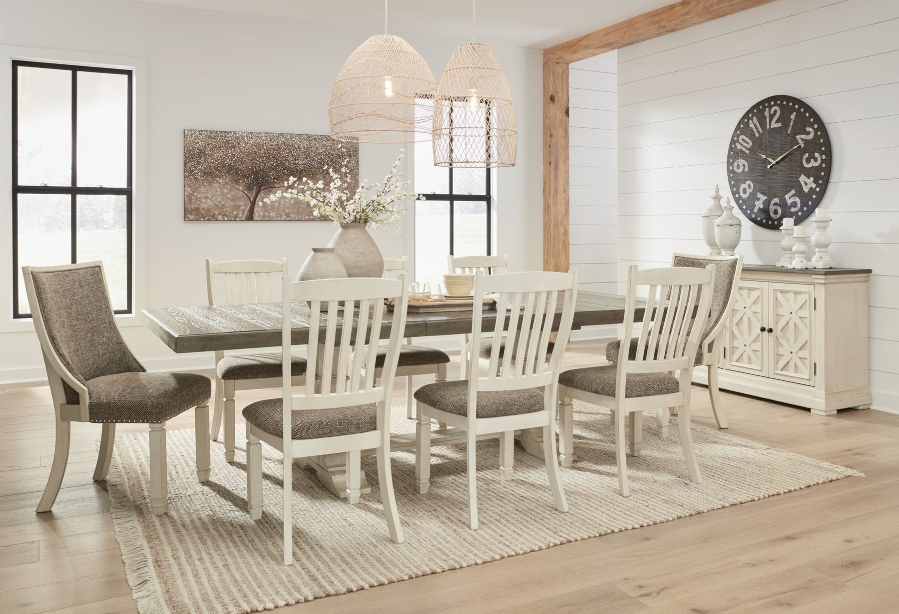 Beige / 12 Pc. Table, 4 Side Chairs, 2 Uph Side Chairs, Bench, Server, 2 Cabinets