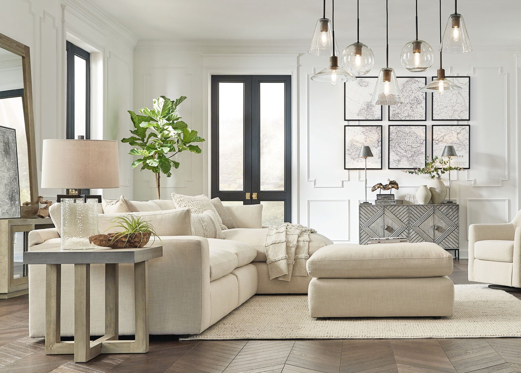 Beige / 4 Pc. Right Arm Facing Corner Chaise 3 Pc Sectional, Ottoman