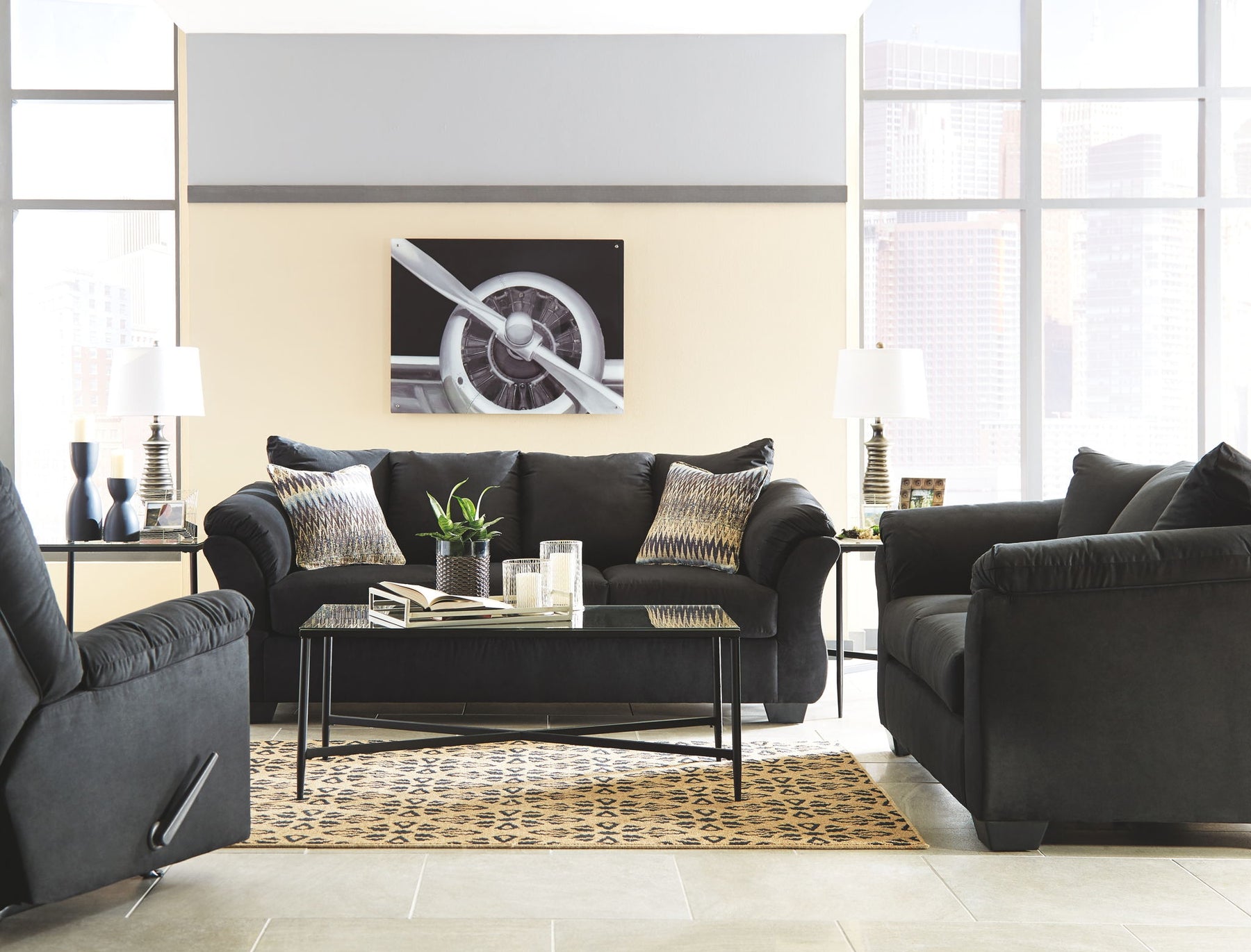 Black / 3 Pc. Sofa, Loveseat, Rocker Recliner