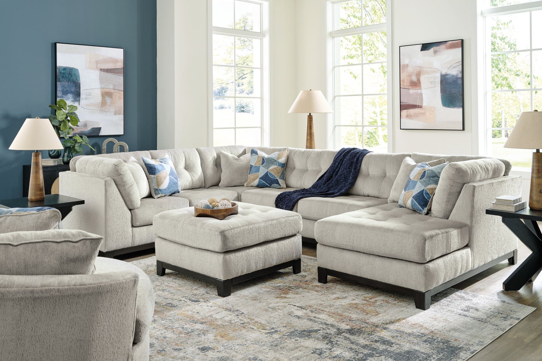 Beige / 5 Pc. RAF Corner Chaise Sectional, Chair, Ottoman