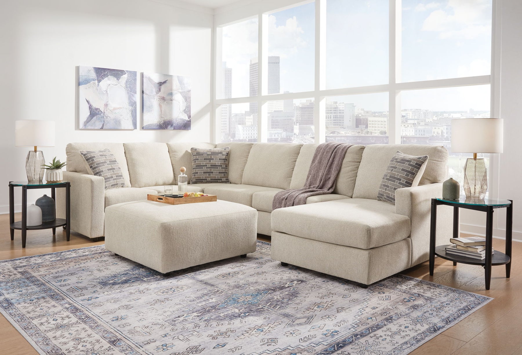 Pearl Silver / 4 Pc. Right Arm Facing Corner Chaise Sectional, Ottoman
