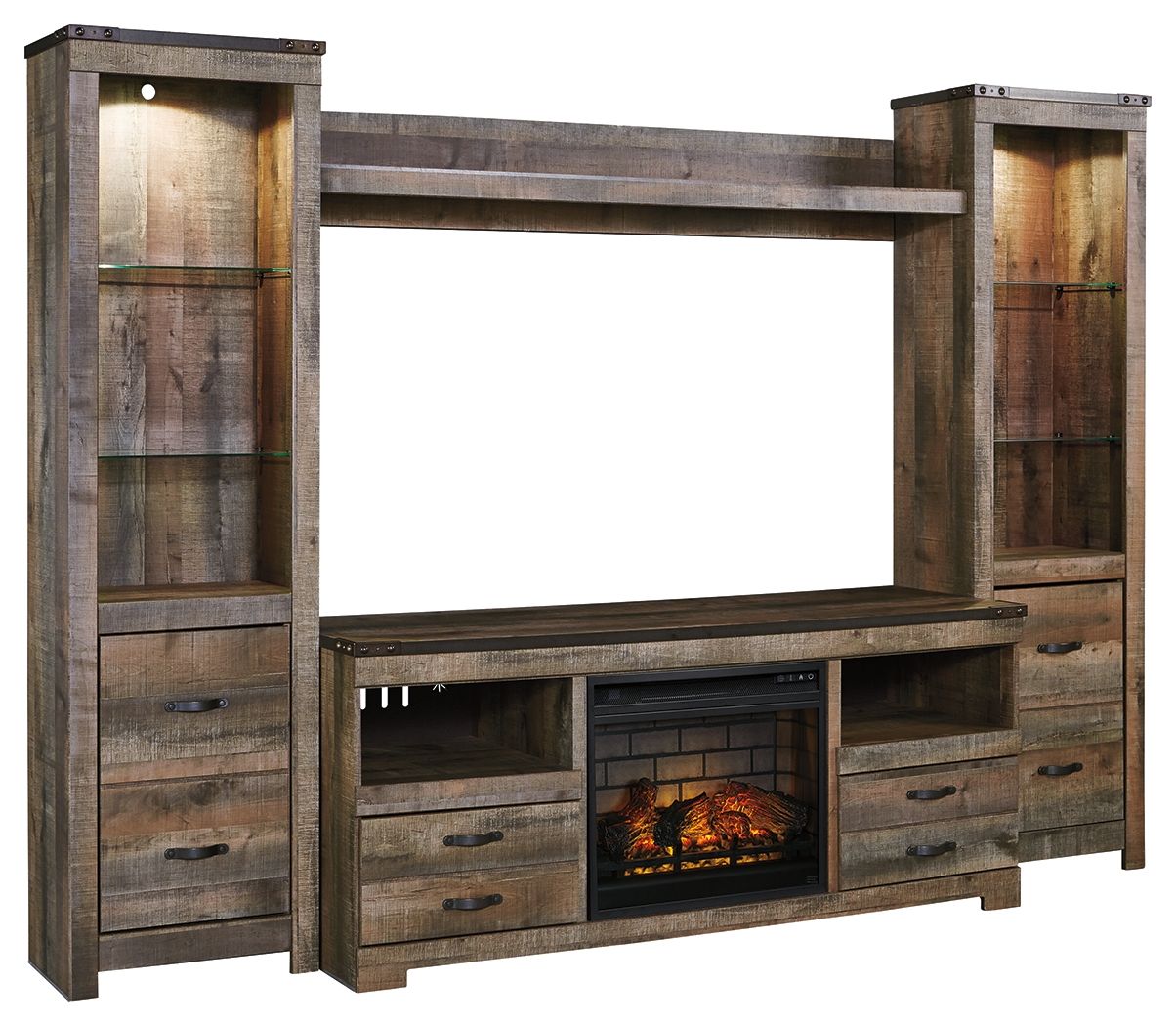 Dark Brown / 5 Pc. - Entertainment Center - 63" TV Stand with Faux Firebrick Fireplace Insert