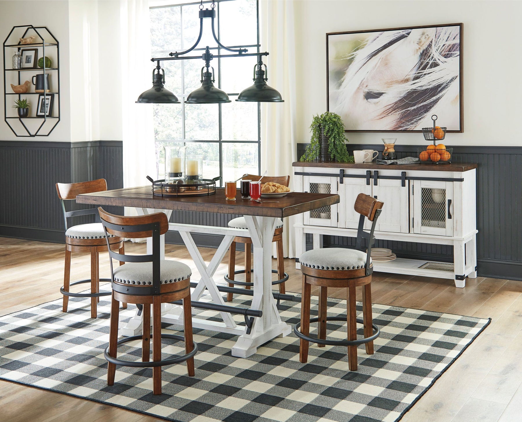 White / 6 Pc. Table, 4 Upholstered Barstools, Server