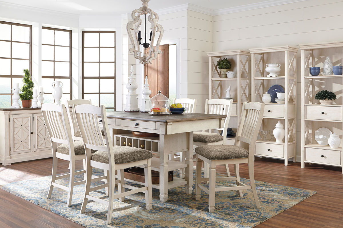 Beige / 11 Pc. Table, 6 Barstools, Server, 3 Display Cabinets