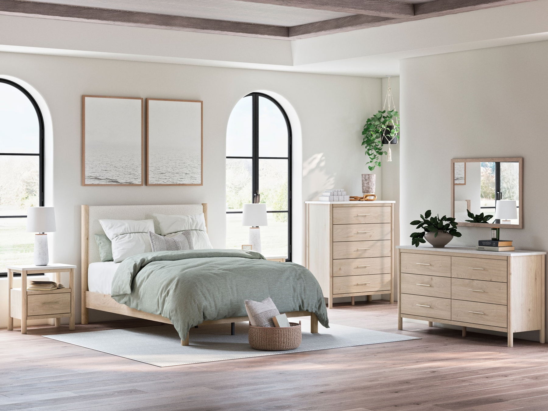 Beige / 7 Pc. Bed, Dresser, Mirror, 2 Nightstands / Queen