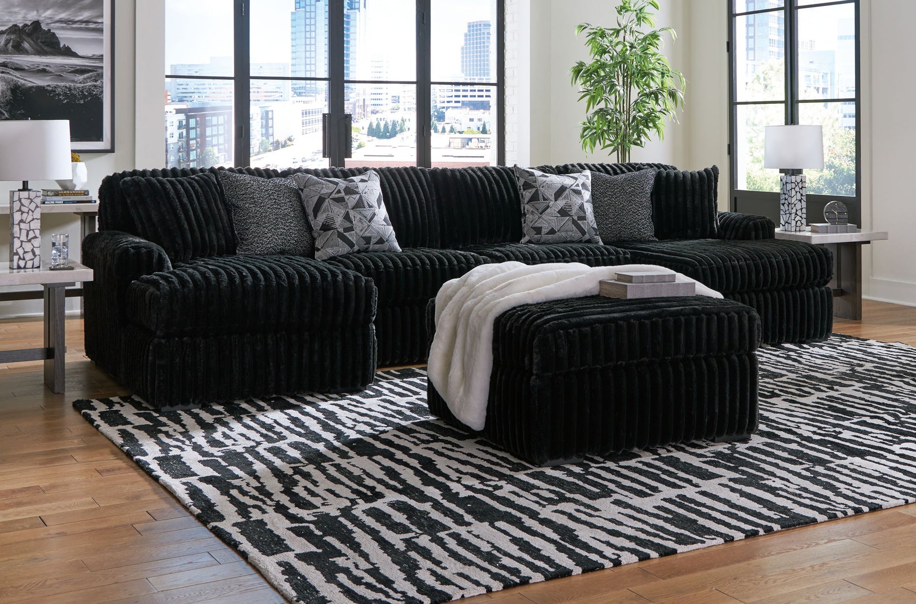Black / 4 Pc. - 3-Piece Double Chaise Sectional, Ottoman