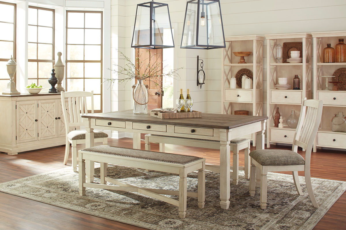 Beige / 9 Pc. Table, 2 Upholstered Side Chairs, 2 Benches, Server, 3 Display Cabinets