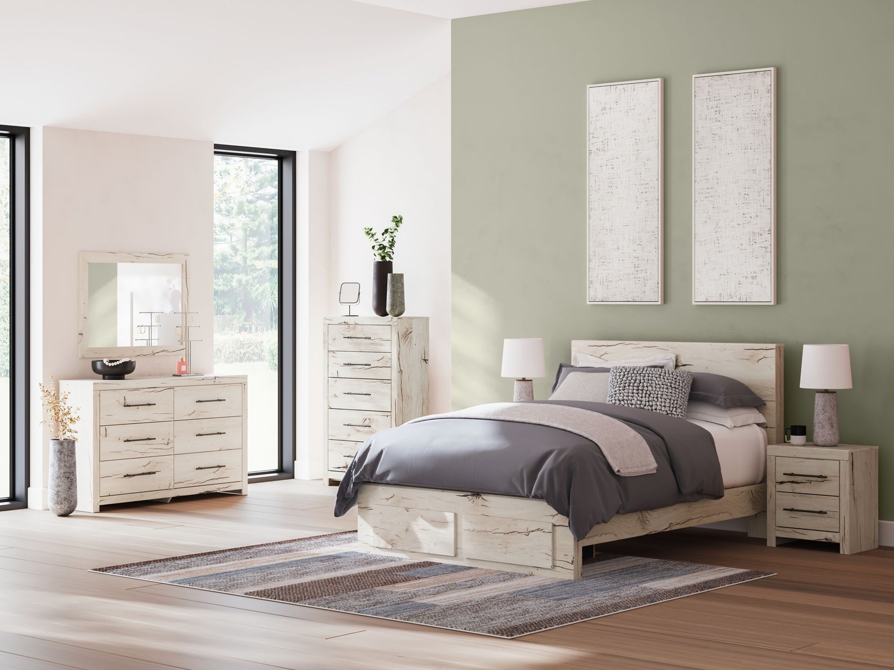 7 Pc. Bed, Dresser, Mirror / Queen / Storage Footboard