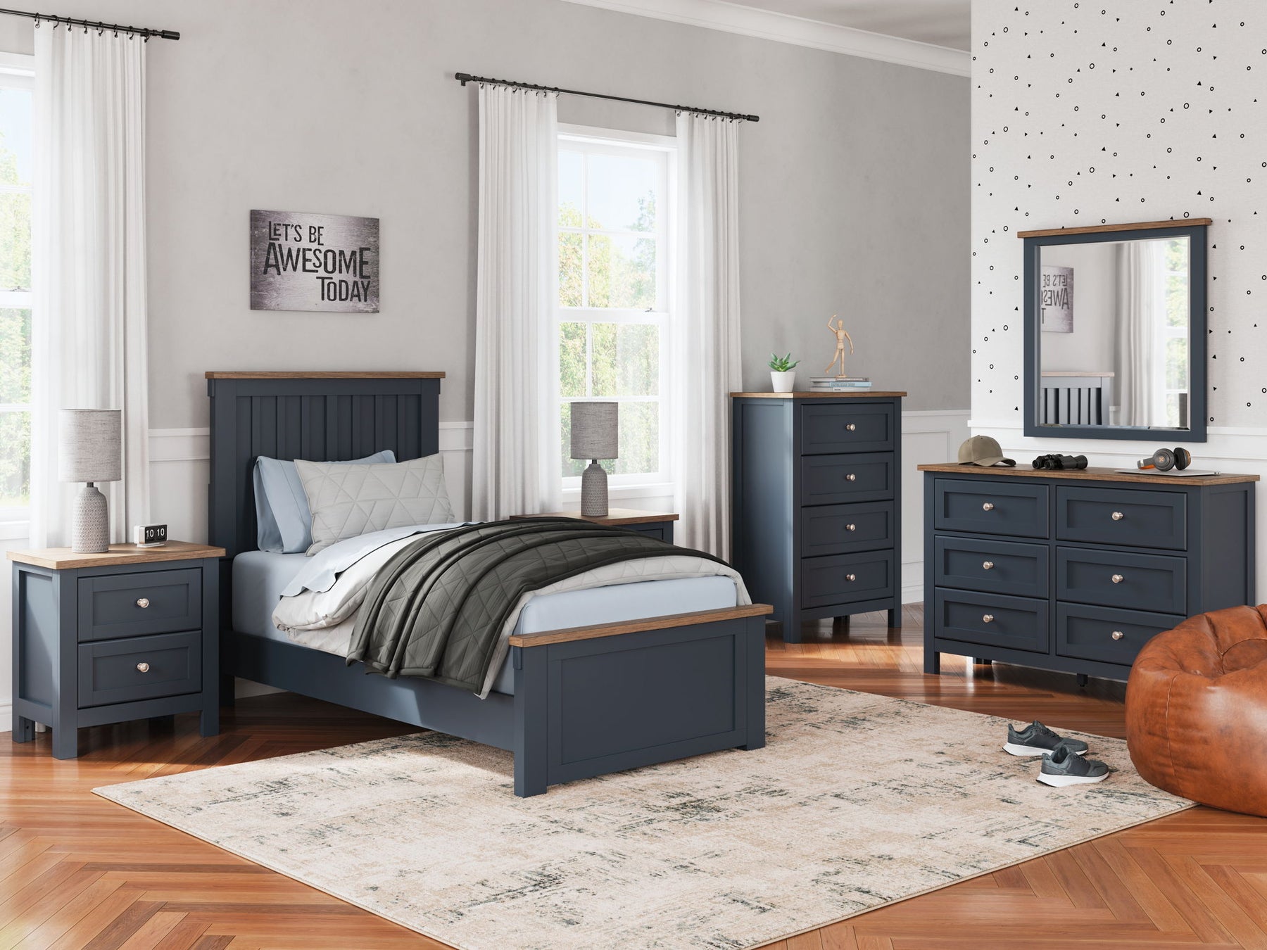 Blue / 6 Pc. Bed, Dresser, Mirror, Chest / Twin