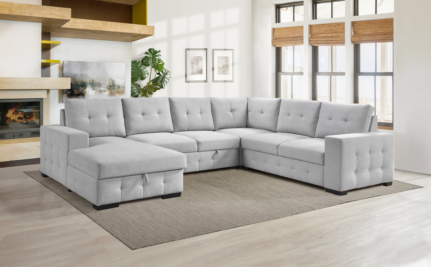 Halston 4-Piece Sectional with Pull-Out Bed and Left Storage Chaise, Grey