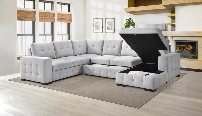 Halston 4-Piece Sectional with Pull-Out Bed and Right Storage Chaise, Grey image 3