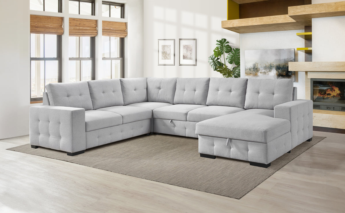 Halston 4-Piece Sectional with Pull-Out Bed and Right Storage Chaise, Grey
