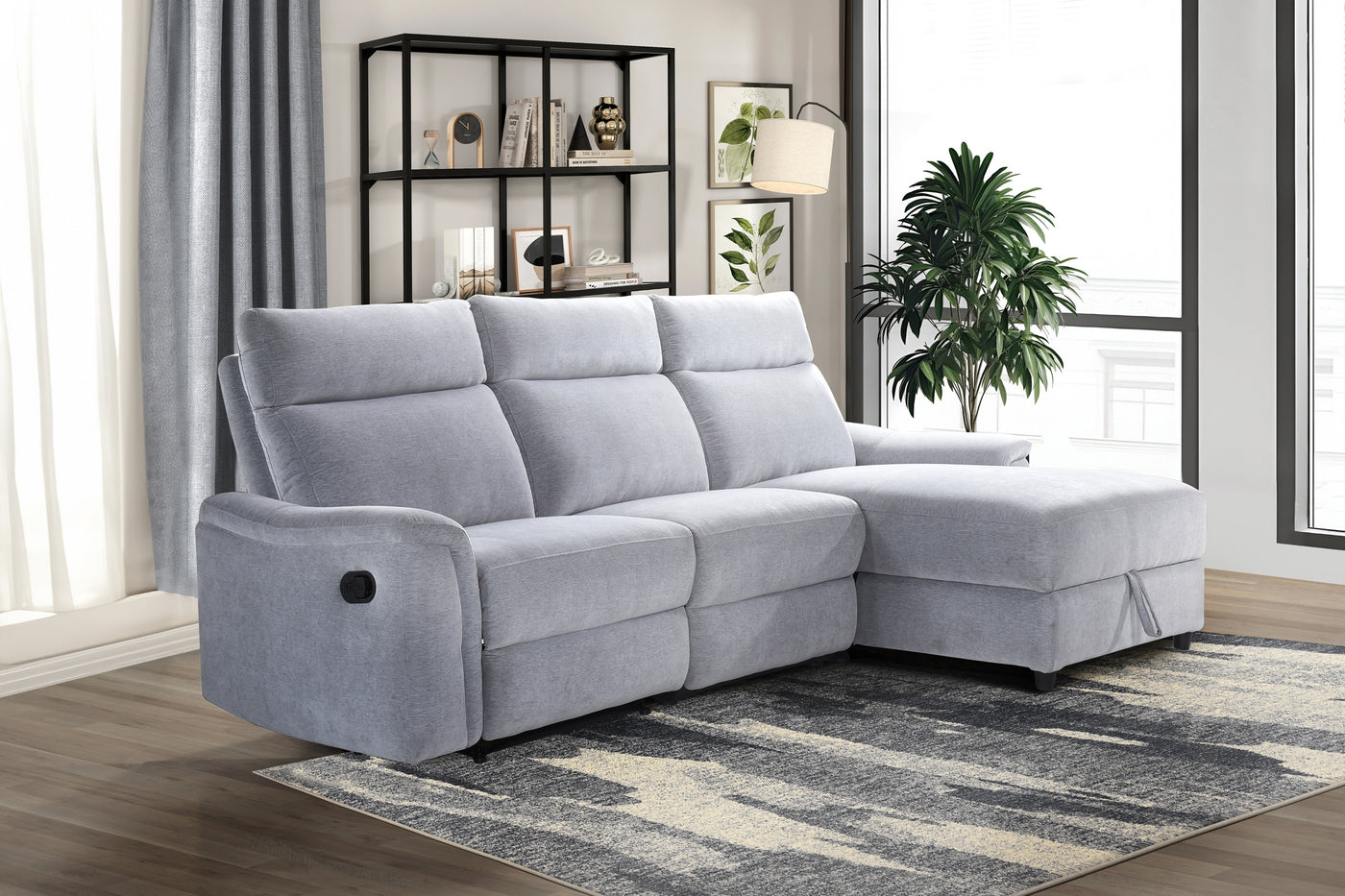 Marlow 3-Piece Sectional with Right-Facing Storage Chaise and Left Side Recliner, Grey Chenille