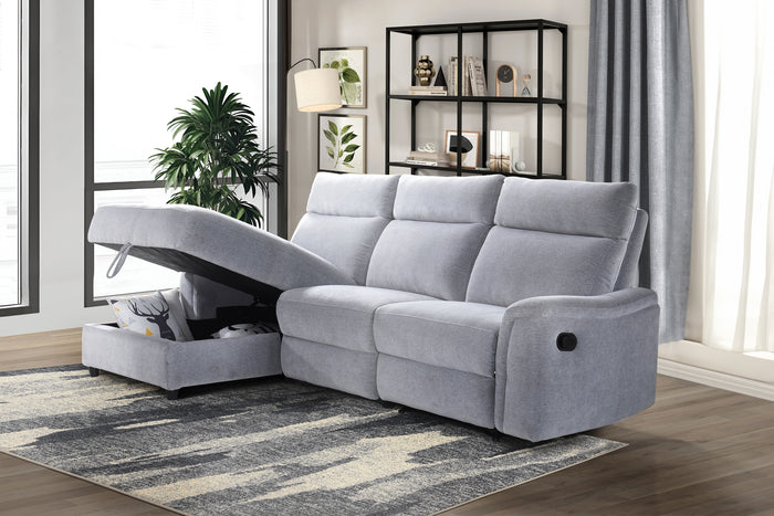 Marlow 3-Piece Sectional with Left-Facing Storage Chaise and Right Side Recliner, Grey Chenille image 2