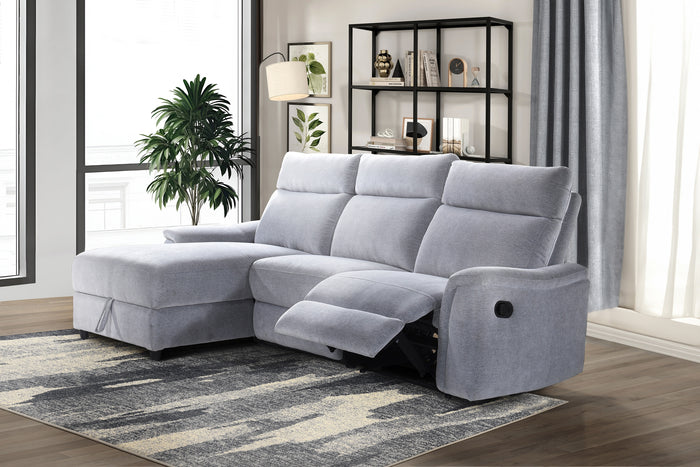 Marlow 3-Piece Sectional with Left-Facing Storage Chaise and Right Side Recliner, Grey Chenille image 3