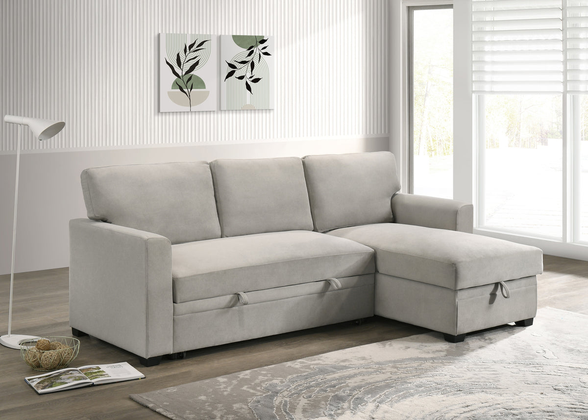 Solana 2-Piece Sectional with Pull-Out Sleeper and Reversible Storage Chaise, Beige Fabric