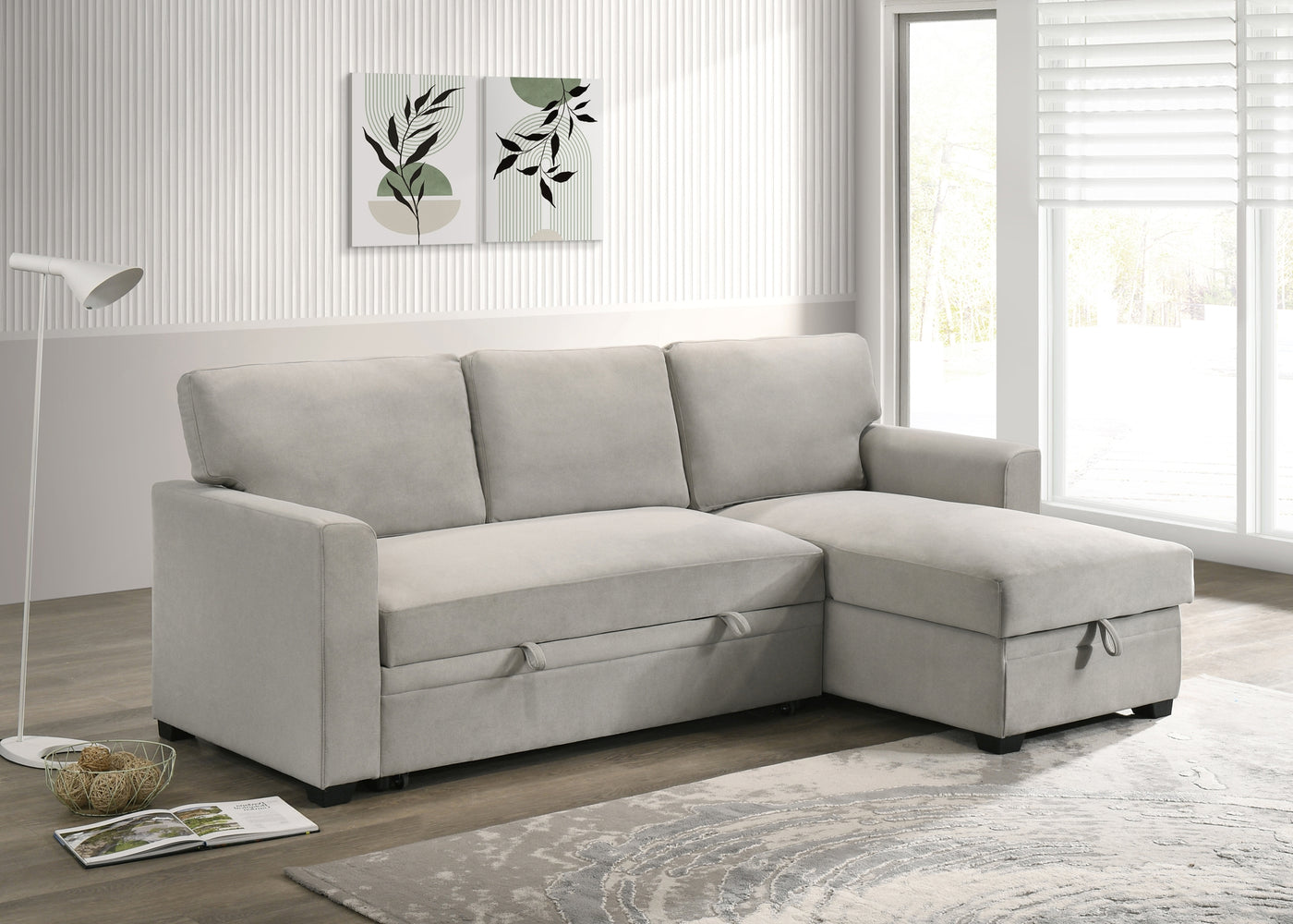 Solana 2-Piece Sectional with Pull-Out Sleeper and Reversible Storage Chaise, Beige Fabric
