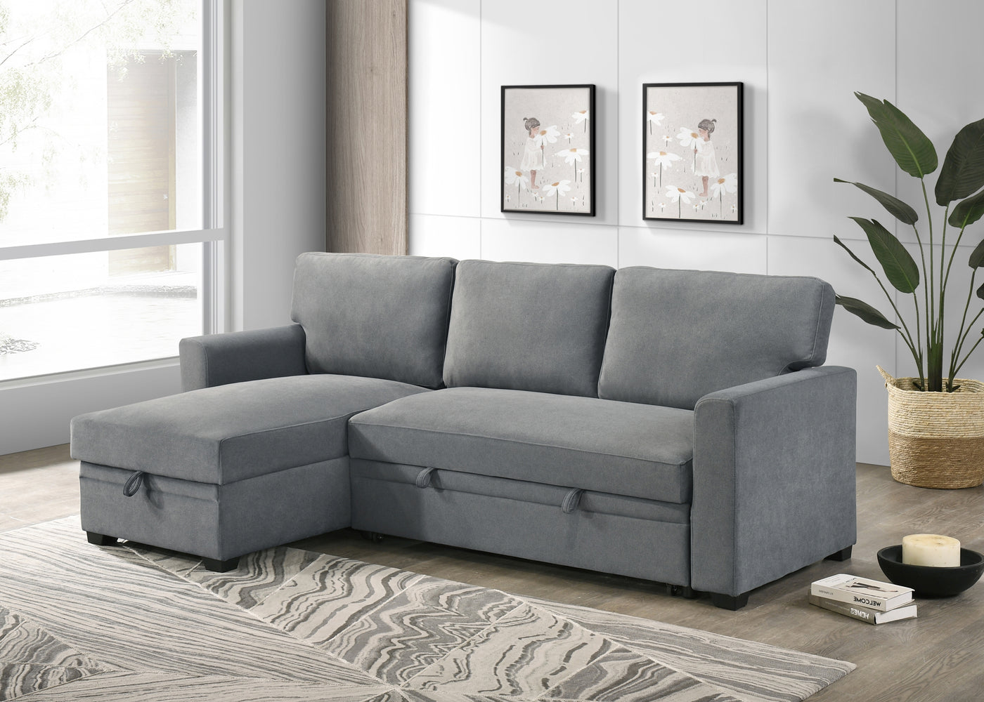 Solana 2-Piece Sectional with Pull-Out Sleeper and Reversible Storage Chaise, Grey Fabric