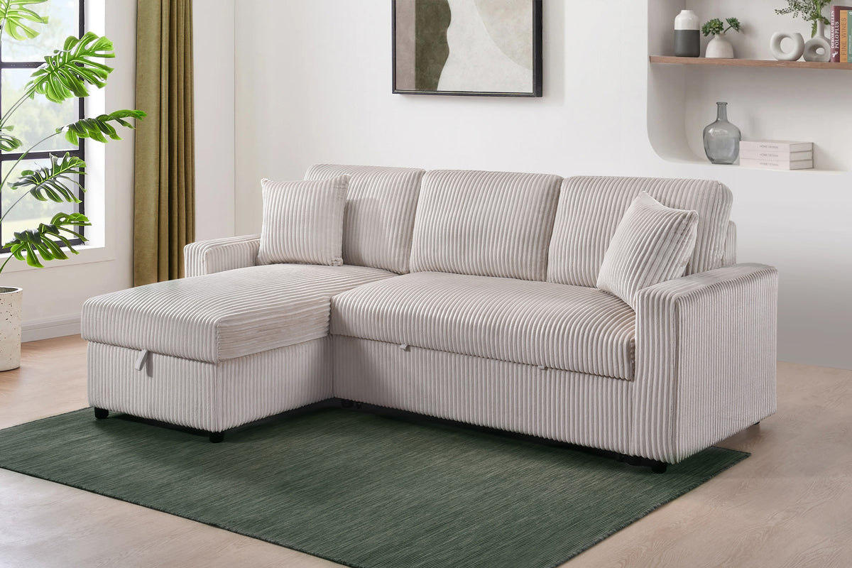 Ellis 2-Piece Sectional with Pull-Out Sleeper, Reversible Storage Chaise, and 2 Pillows, Beige Corduroy