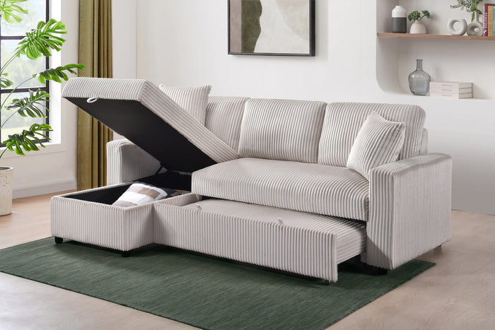 Ellis 2-Piece Sectional with Pull-Out Sleeper, Reversible Storage Chaise, and 2 Pillows, Beige Corduroy image 3