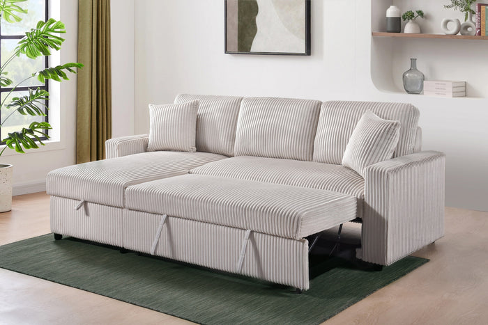 Ellis 2-Piece Sectional with Pull-Out Sleeper, Reversible Storage Chaise, and 2 Pillows, Beige Corduroy image 4