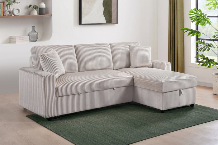 Ellis 2-Piece Sectional with Pull-Out Sleeper, Reversible Storage Chaise, and 2 Pillows, Beige Corduroy image 2