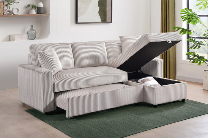 Ellis 2-Piece Sectional with Pull-Out Sleeper, Reversible Storage Chaise, and 2 Pillows, Beige Corduroy image 5