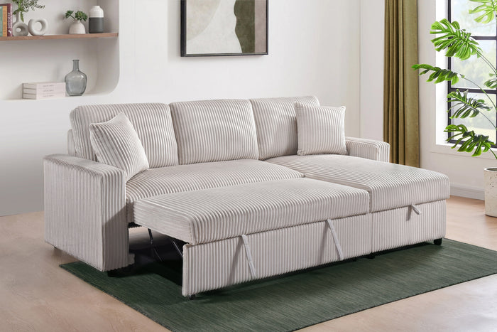 Ellis 2-Piece Sectional with Pull-Out Sleeper, Reversible Storage Chaise, and 2 Pillows, Beige Corduroy image 6