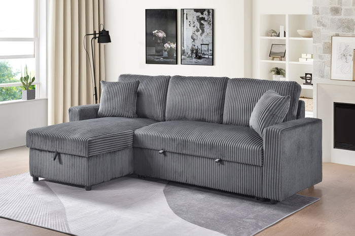 Ellis 2-Piece Sectional with Pull-Out Sleeper, Reversible Storage Chaise, and 2 Pillows, Dark Grey Corduroy image 2