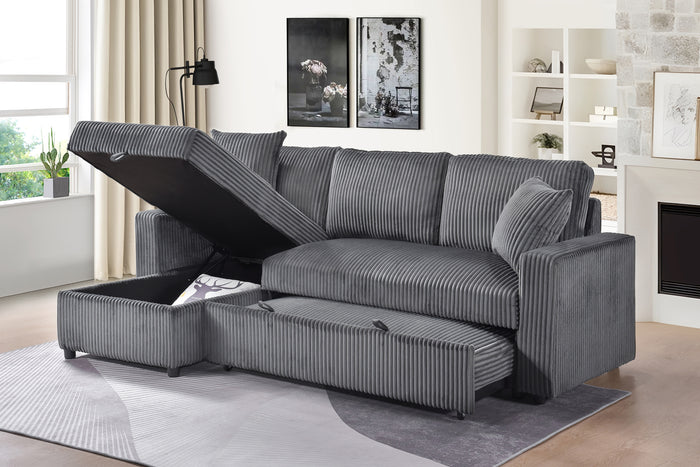 Ellis 2-Piece Sectional with Pull-Out Sleeper, Reversible Storage Chaise, and 2 Pillows, Dark Grey Corduroy image 5