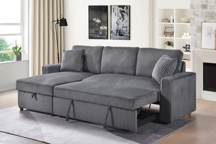 Ellis 2-Piece Sectional with Pull-Out Sleeper, Reversible Storage Chaise, and 2 Pillows, Dark Grey Corduroy image 6