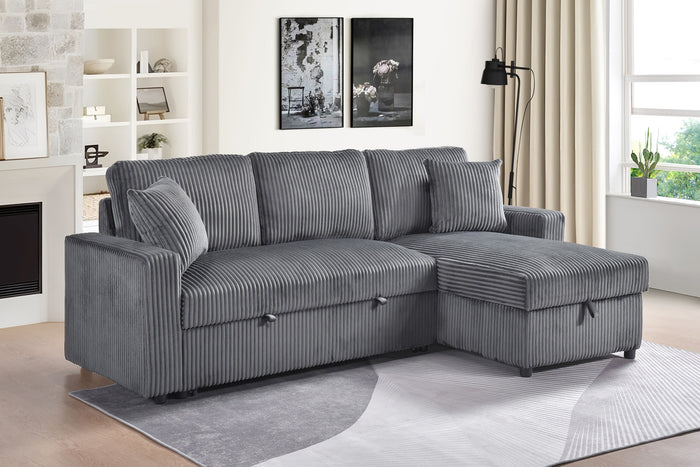 Ellis 2-Piece Sectional with Pull-Out Sleeper, Reversible Storage Chaise, and 2 Pillows, Dark Grey Corduroy image 1
