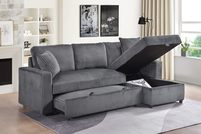 Ellis 2-Piece Sectional with Pull-Out Sleeper, Reversible Storage Chaise, and 2 Pillows, Dark Grey Corduroy image 3
