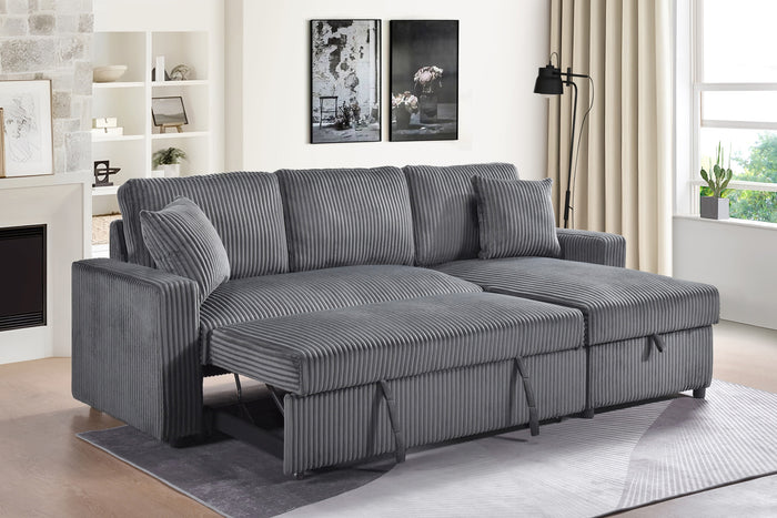 Ellis 2-Piece Sectional with Pull-Out Sleeper, Reversible Storage Chaise, and 2 Pillows, Dark Grey Corduroy image 4