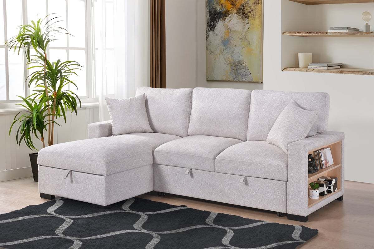 Camden 2-Piece Sectional with Pull-Out Sleeper, Drop-Down Table, Bookcase Arms, 2 Pillows, and Left Storage Chaise, Beige Fabric