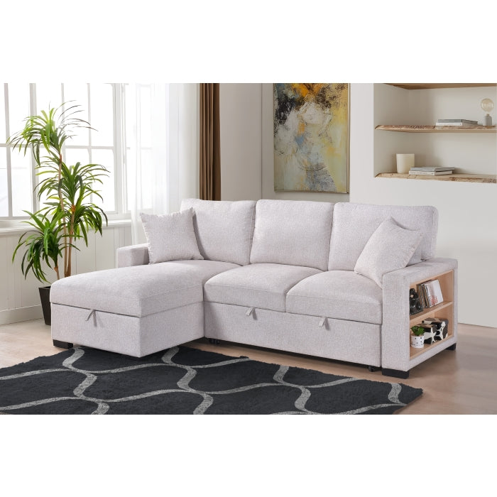 Camden 2-Piece Sectional with Pull-Out Sleeper, Drop-Down Table, Bookcase Arms, 2 Pillows, and Left Storage Chaise, Beige Fabric image 4