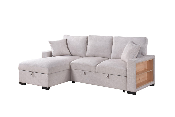 Camden 2-Piece Sectional with Pull-Out Sleeper, Drop-Down Table, Bookcase Arms, 2 Pillows, and Left Storage Chaise, Beige Fabric image 10