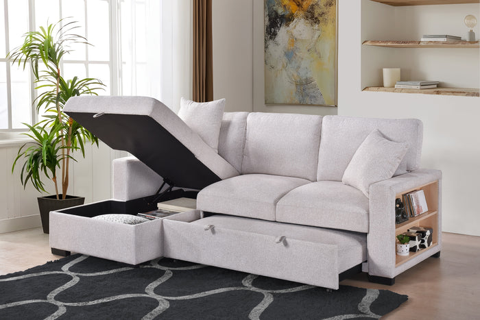 Camden 2-Piece Sectional with Pull-Out Sleeper, Drop-Down Table, Bookcase Arms, 2 Pillows, and Left Storage Chaise, Beige Fabric image 2