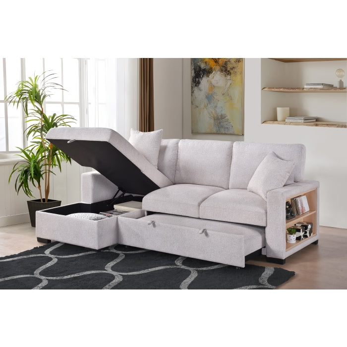 Camden 2-Piece Sectional with Pull-Out Sleeper, Drop-Down Table, Bookcase Arms, 2 Pillows, and Left Storage Chaise, Beige Fabric image 5