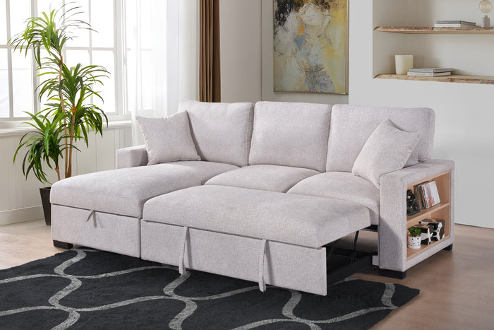 Camden 2-Piece Sectional with Pull-Out Sleeper, Drop-Down Table, Bookcase Arms, 2 Pillows, and Left Storage Chaise, Beige Fabric image 3